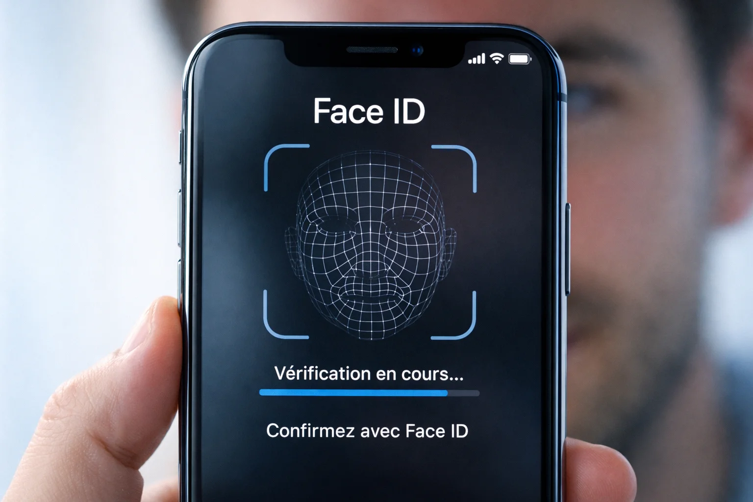 Validation biométrique Face ID sur iPhone pour un paiement sécurisé