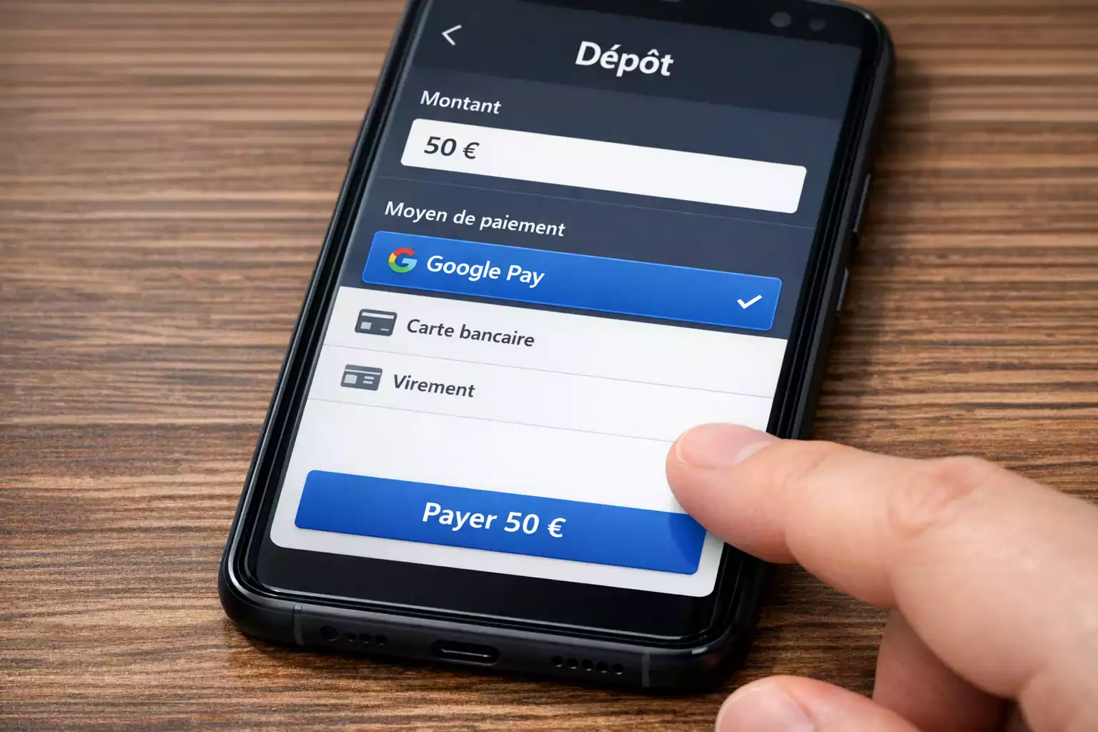 Écran de dépôt d'un bookmaker français avec option Google Pay