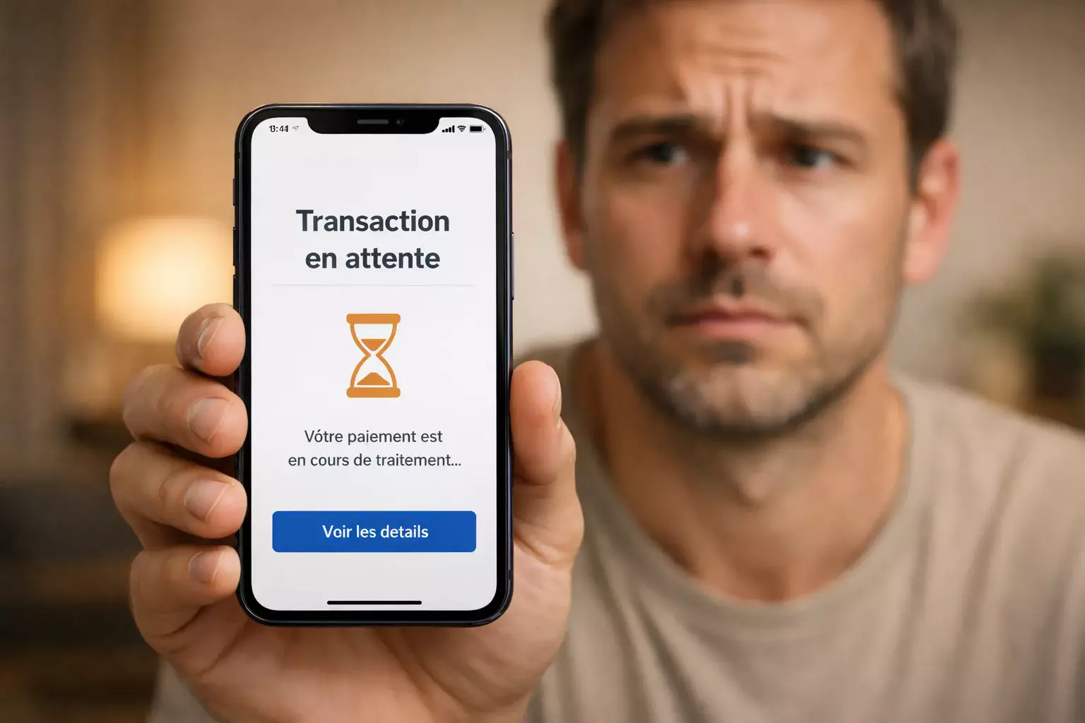 Écran de téléphone montrant une transaction en attente