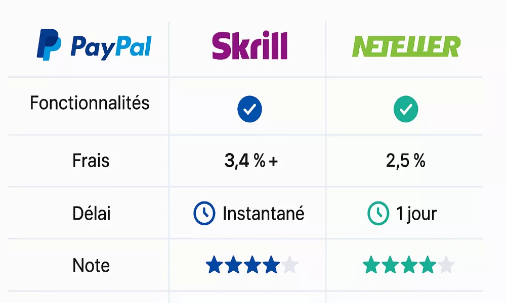 Comparatif des frais entre PayPal, Skrill et Neteller pour les paris sportifs