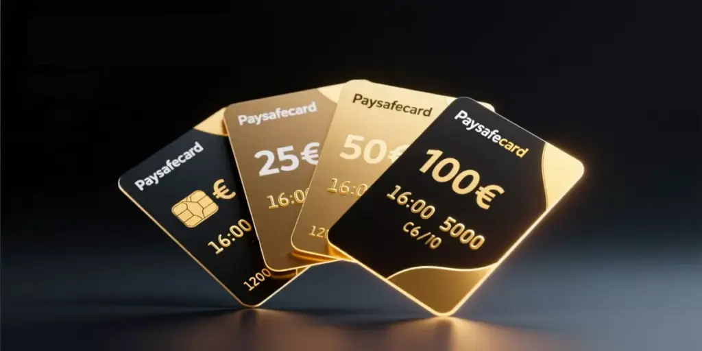 Cartes Paysafecard prépayées avec différentes valeurs de 25€, 50€ et 100€