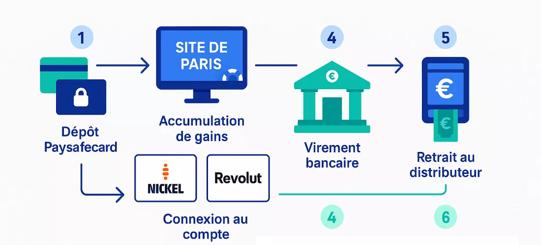 Schéma du processus de retrait des gains via compte Nickel ou Revolut